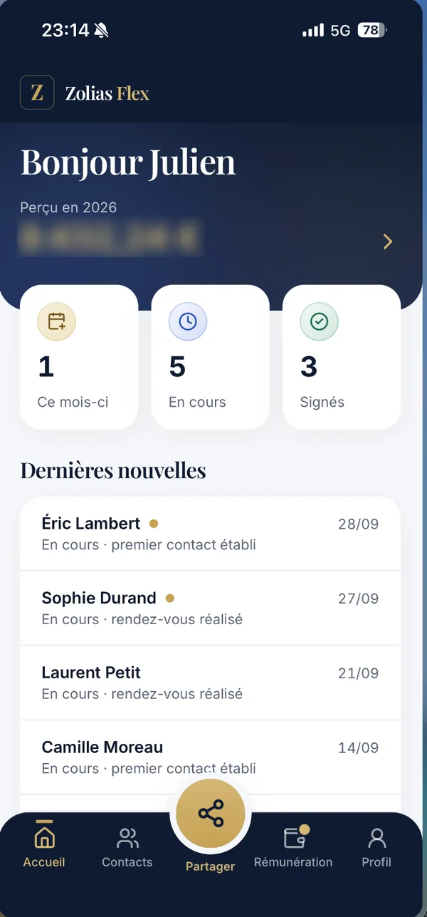 Application Zolias Flex, écran d’accueil (données de démonstration).